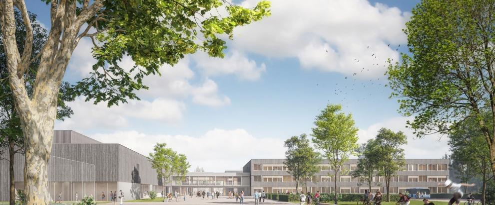 Visualisierung der Gesamtschule Essen-Altenessen als nachhaltiges MorgenGrün-Projekt mit Campus, Schulgebäude und Park