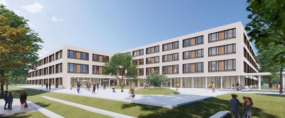 Architektenvisualisierung des Ortenau Klinikums Achern mit gestaltetem Vorplatz und moderner Gebäudearchitektur