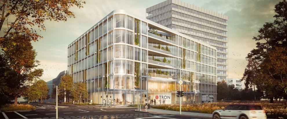 Architektenvisualisierung der Außenansicht des neuen Forschungsgebäudes TRON in Mainz mit moderner Architektur