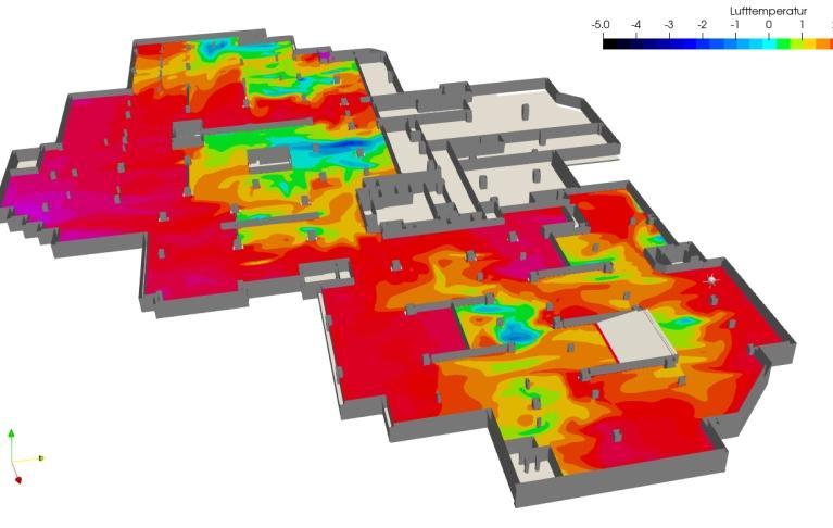 3D-Visualisierung des Innenraums der DEVK-Hauptverwaltung, bei dem die Lufttemperatur in verschiedenen Bereichen farblich dargestellt ist. Sanierung vom Bestandgebäude der DEVK-Hauptverwaltung mit einer thermischen Analyse. Die verschiedenen Bereiche im Raum sind entsprechend ihrer Temperatur eingefärbt.