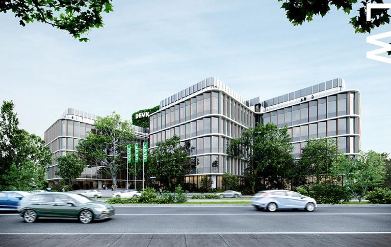 Architektenvisualisierung Außenansicht der sanierten DEVK Zentrale an der Riehler Straße in Köln