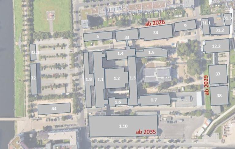 Lage- und Entwicklungsplan des Bundeswehrkrankenhauses Berlin aus der Vogelperspektive mit Übersicht der Gebäude