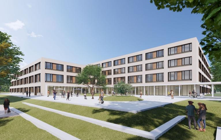 Architektenvisualisierung des Ortenau Klinikums Achern mit gestaltetem Vorplatz und moderner Gebäudearchitektur