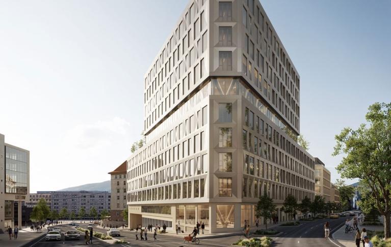 Architektenvisualisierung des neuen Weinbergquartiers in Stuttgart mit Blick auf ein Hochhaus