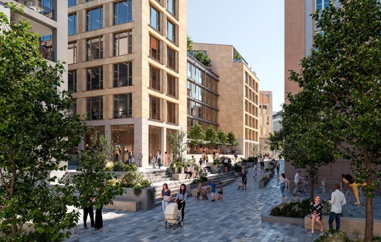 Architektenvisualisierung des neuen Weinbergquartiers in Stuttgart mit Blick auf den Quartiersplatz