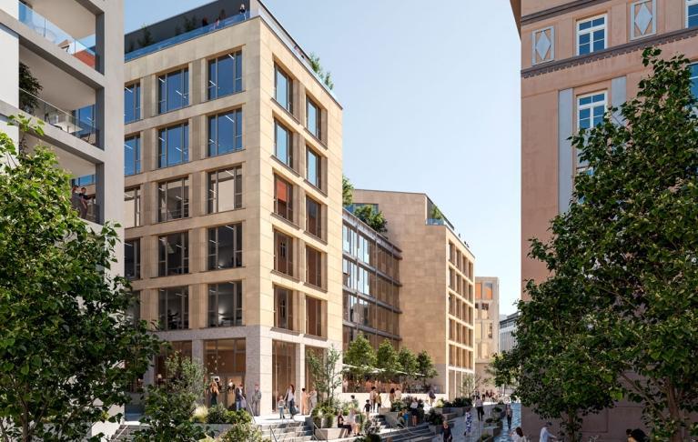 Architectural rendering of the new Weinberg neighborhood in Stuttgart, looking out toward the neighborhood square